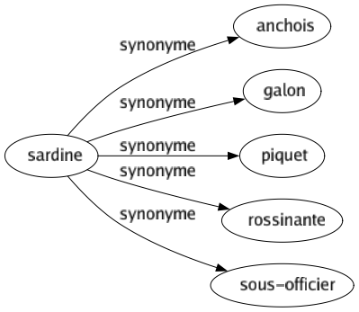 Synonyme de Sardine : Anchois Galon Piquet Rossinante Sous-officier 