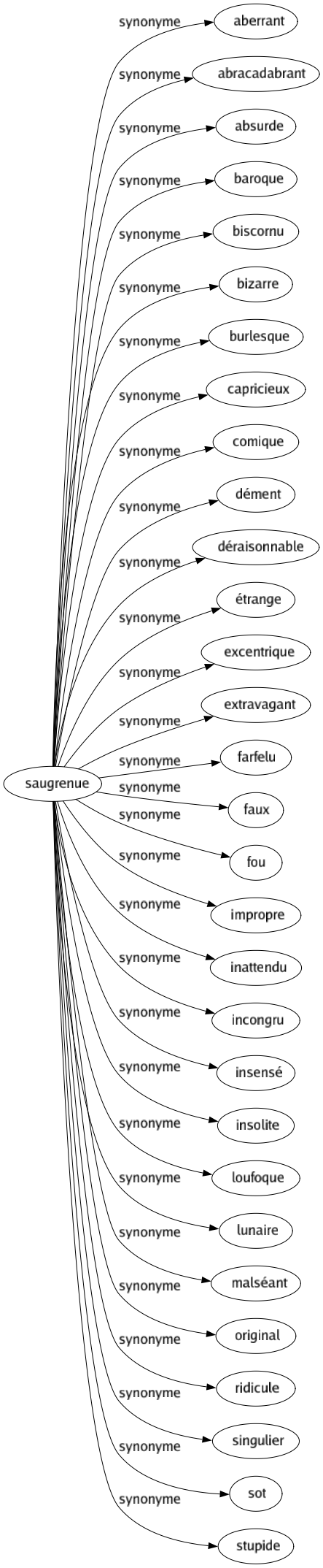 Synonyme de Saugrenue : Aberrant Abracadabrant Absurde Baroque Biscornu Bizarre Burlesque Capricieux Comique Dément Déraisonnable Étrange Excentrique Extravagant Farfelu Faux Fou Impropre Inattendu Incongru Insensé Insolite Loufoque Lunaire Malséant Original Ridicule Singulier Sot Stupide 