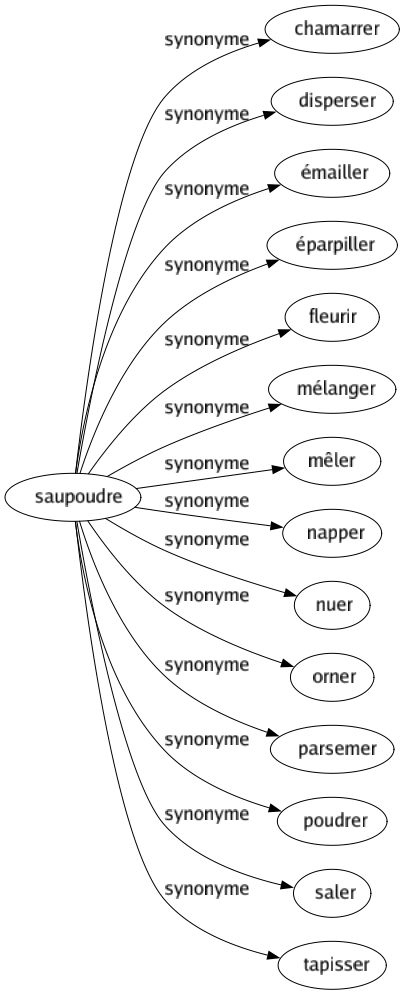 Synonyme de Saupoudre : Chamarrer Disperser Émailler Éparpiller Fleurir Mélanger Mêler Napper Nuer Orner Parsemer Poudrer Saler Tapisser 