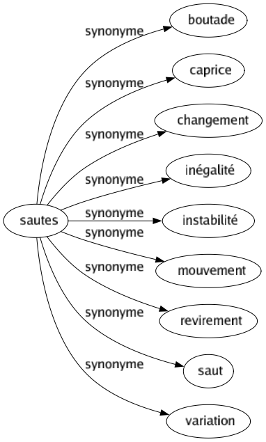 Synonyme de Sautes : Boutade Caprice Changement Inégalité Instabilité Mouvement Revirement Saut Variation 