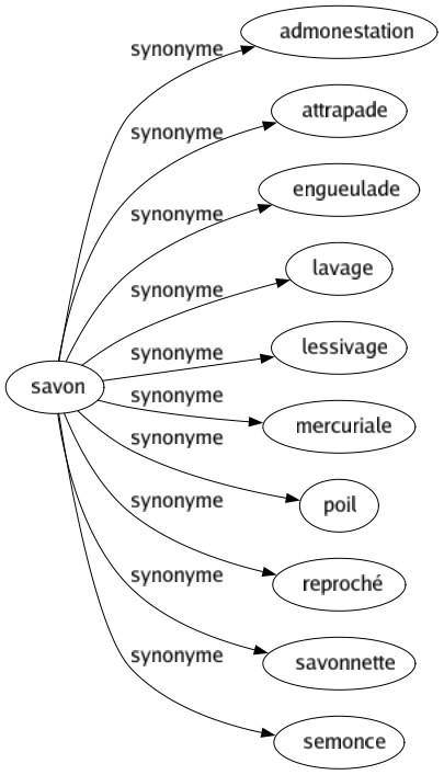 Synonyme de Savon : Admonestation Attrapade Engueulade Lavage Lessivage Mercuriale Poil Reproché Savonnette Semonce 