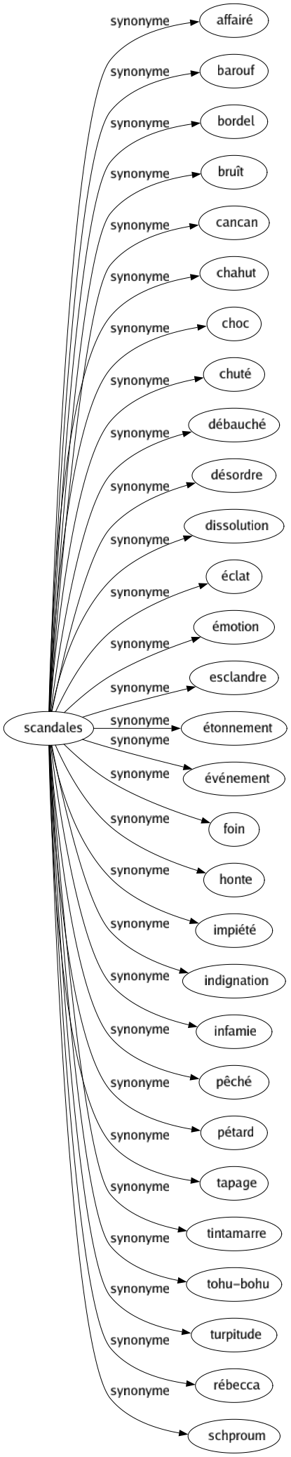 Synonyme de Scandales : Affairé Barouf Bordel Bruît Cancan Chahut Choc Chuté Débauché Désordre Dissolution Éclat Émotion Esclandre Étonnement Événement Foin Honte Impiété Indignation Infamie Pêché Pétard Tapage Tintamarre Tohu-bohu Turpitude Rébecca Schproum 