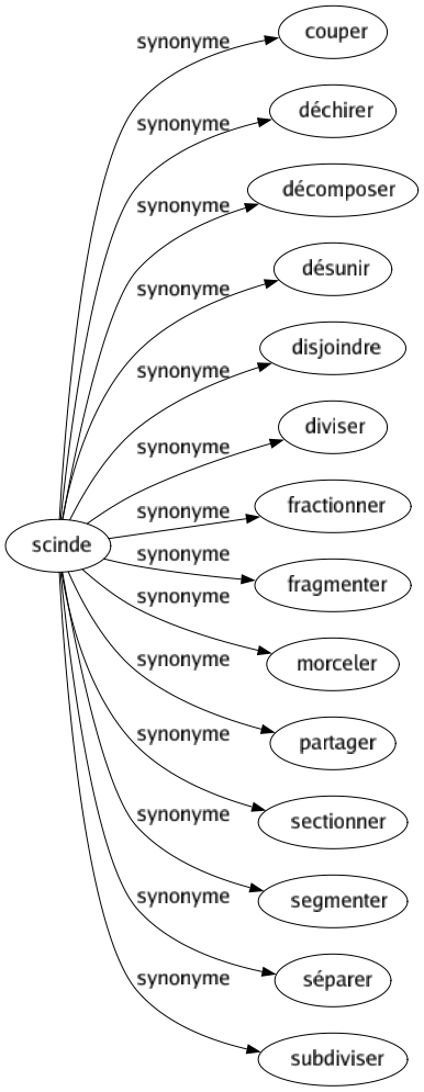 Synonyme de Scinde : Couper Déchirer Décomposer Désunir Disjoindre Diviser Fractionner Fragmenter Morceler Partager Sectionner Segmenter Séparer Subdiviser 