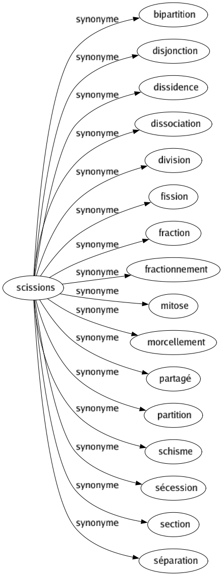 Synonyme de Scissions : Bipartition Disjonction Dissidence Dissociation Division Fission Fraction Fractionnement Mitose Morcellement Partagé Partition Schisme Sécession Section Séparation 