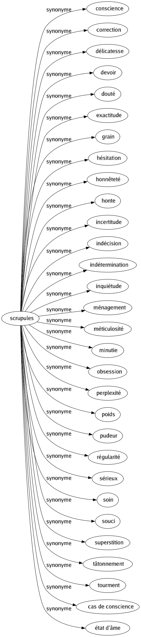 Synonyme de Scrupules : Conscience Correction Délicatesse Devoir Douté Exactitude Grain Hésitation Honnêteté Honte Incertitude Indécision Indétermination Inquiétude Ménagement Méticulosité Minutie Obsession Perplexité Poids Pudeur Régularité Sérieux Soin Souci Superstition Tâtonnement Tourment Cas de conscience État d'âme 