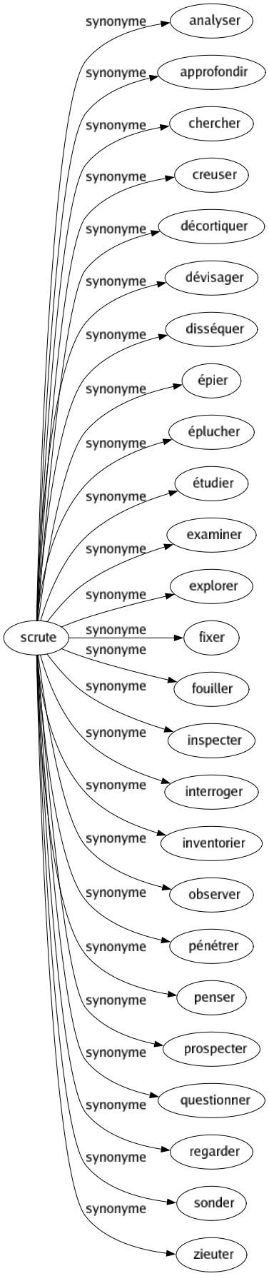 Synonyme de Scrute : Analyser Approfondir Chercher Creuser Décortiquer Dévisager Disséquer Épier Éplucher Étudier Examiner Explorer Fixer Fouiller Inspecter Interroger Inventorier Observer Pénétrer Penser Prospecter Questionner Regarder Sonder Zieuter 