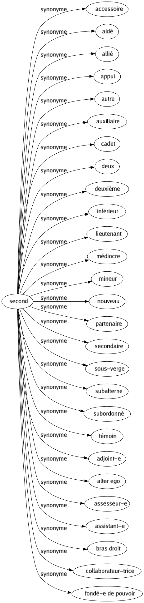 Synonyme de Second : Accessoire Aidé Allié Appui Autre Auxiliaire Cadet Deux Deuxième Inférieur Lieutenant Médiocre Mineur Nouveau Partenaire Secondaire Sous-verge Subalterne Subordonné Témoin Adjoint-e Alter ego Assesseur-e Assistant-e Bras droit Collaborateur-trice Fondé-e de pouvoir 