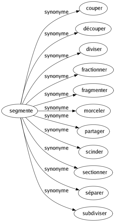 Synonyme de Segmente : Couper Découper Diviser Fractionner Fragmenter Morceler Partager Scinder Sectionner Séparer Subdiviser 