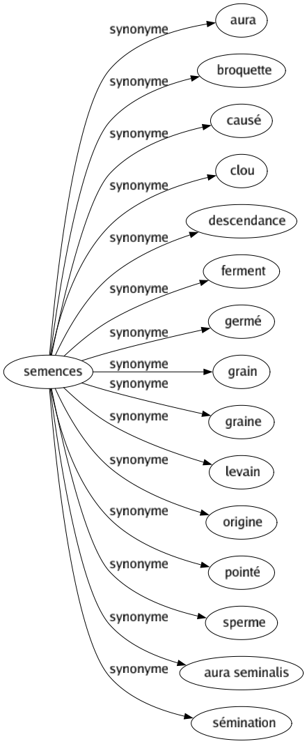 Synonyme de Semences : Aura Broquette Causé Clou Descendance Ferment Germé Grain Graine Levain Origine Pointé Sperme Aura seminalis Sémination 