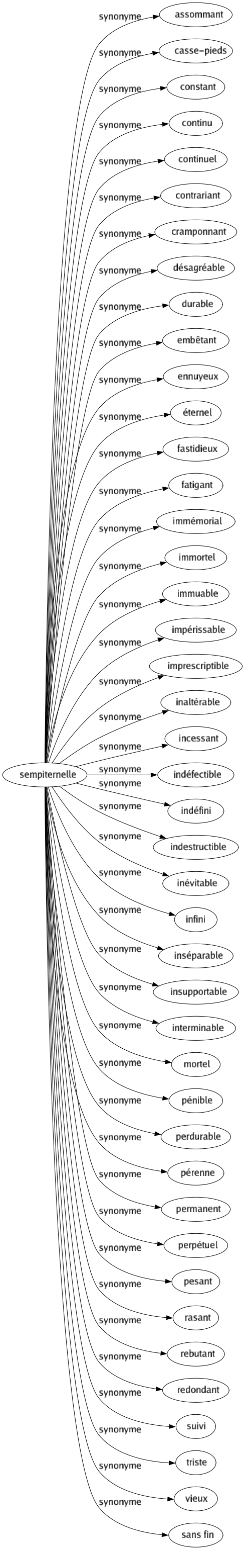 Synonyme de Sempiternelle : Assommant Casse-pieds Constant Continu Continuel Contrariant Cramponnant Désagréable Durable Embêtant Ennuyeux Éternel Fastidieux Fatigant Immémorial Immortel Immuable Impérissable Imprescriptible Inaltérable Incessant Indéfectible Indéfini Indestructible Inévitable Infini Inséparable Insupportable Interminable Mortel Pénible Perdurable Pérenne Permanent Perpétuel Pesant Rasant Rebutant Redondant Suivi Triste Vieux Sans fin 