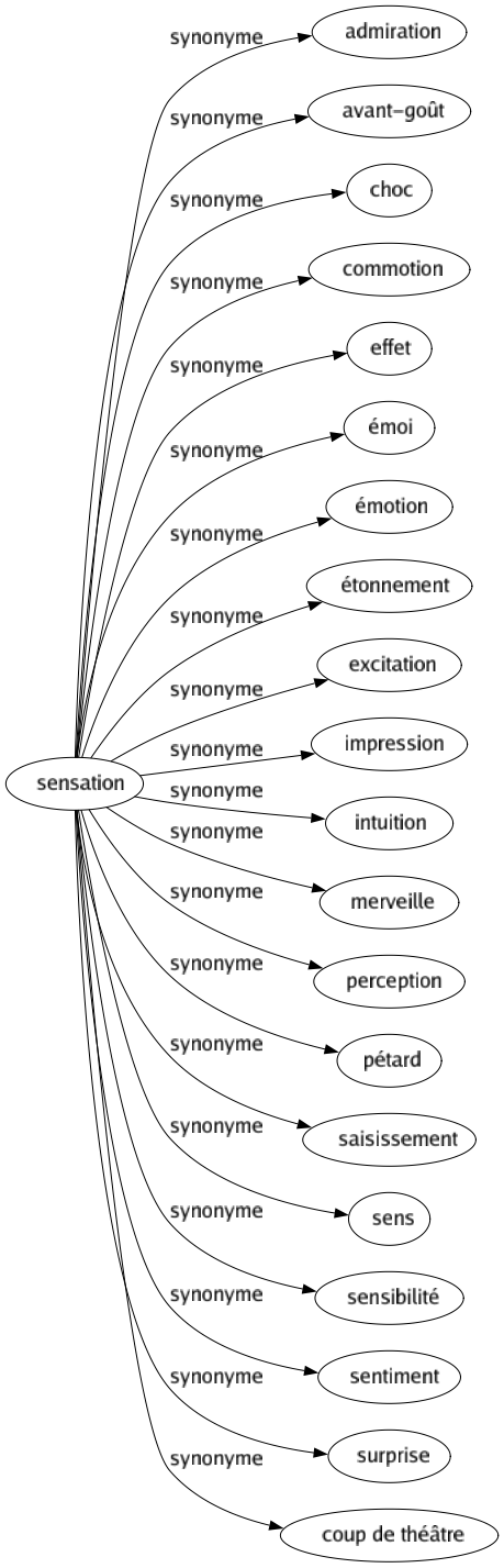 Synonyme de Sensation : Admiration Avant-goût Choc Commotion Effet Émoi Émotion Étonnement Excitation Impression Intuition Merveille Perception Pétard Saisissement Sens Sensibilité Sentiment Surprise Coup de théâtre 