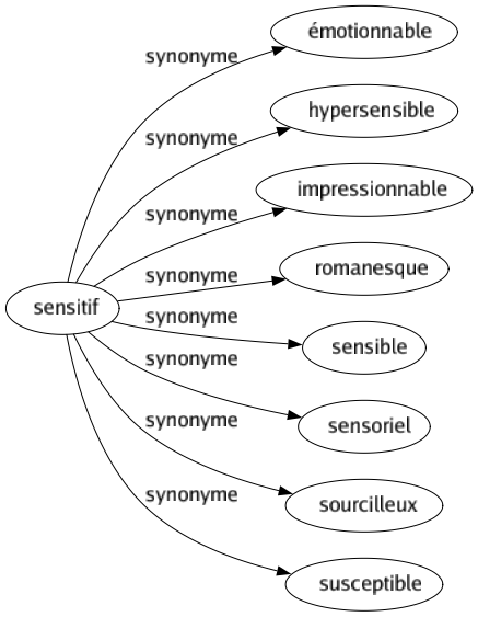Synonyme de Sensitif : Émotionnable Hypersensible Impressionnable Romanesque Sensible Sensoriel Sourcilleux Susceptible 