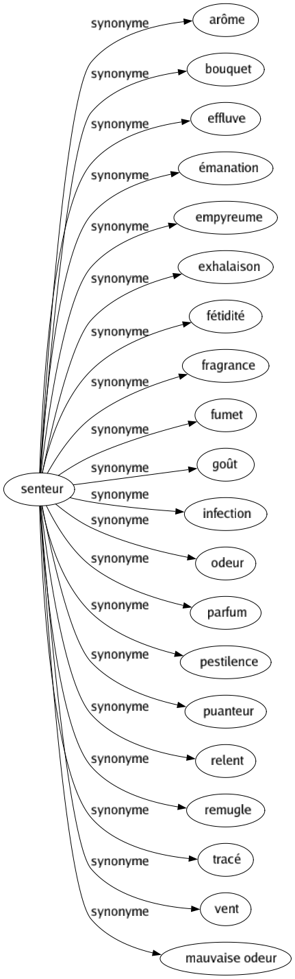 Synonyme de Senteur : Arôme Bouquet Effluve Émanation Empyreume Exhalaison Fétidité Fragrance Fumet Goût Infection Odeur Parfum Pestilence Puanteur Relent Remugle Tracé Vent Mauvaise odeur 