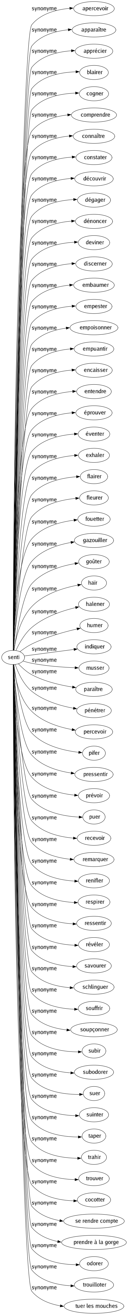 Synonyme de Senti : Apercevoir Apparaître Apprécier Blairer Cogner Comprendre Connaître Constater Découvrir Dégager Dénoncer Deviner Discerner Embaumer Empester Empoisonner Empuantir Encaisser Entendre Éprouver Éventer Exhaler Flairer Fleurer Fouetter Gazouiller Goûter Haïr Halener Humer Indiquer Musser Paraître Pénétrer Percevoir Pifer Pressentir Prévoir Puer Recevoir Remarquer Renifler Respirer Ressentir Révéler Savourer Schlinguer Souffrir Soupçonner Subir Subodorer Suer Suinter Taper Trahir Trouver Cocotter Se rendre compte Prendre à la gorge Odorer Trouilloter Tuer les mouches 