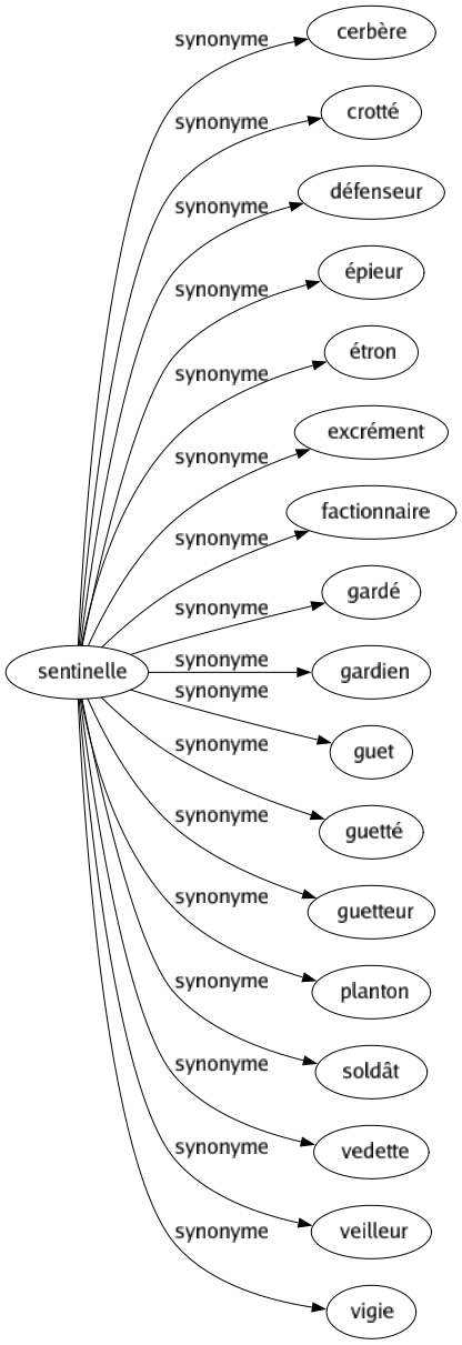 Synonyme de Sentinelle : Cerbère Crotté Défenseur Épieur Étron Excrément Factionnaire Gardé Gardien Guet Guetté Guetteur Planton Soldât Vedette Veilleur Vigie 