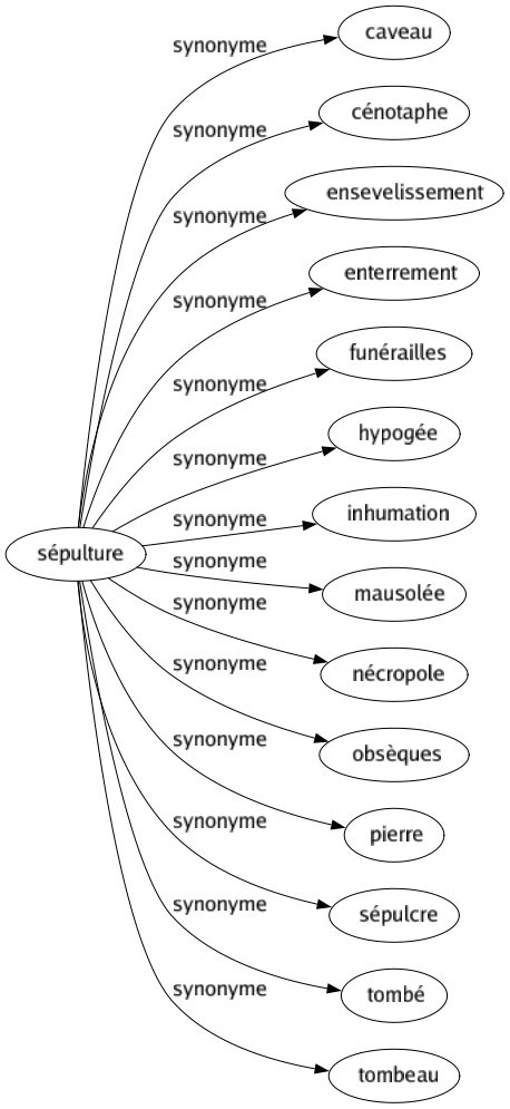 Synonyme de Sépulture : Caveau Cénotaphe Ensevelissement Enterrement Funérailles Hypogée Inhumation Mausolée Nécropole Obsèques Pierre Sépulcre Tombé Tombeau 