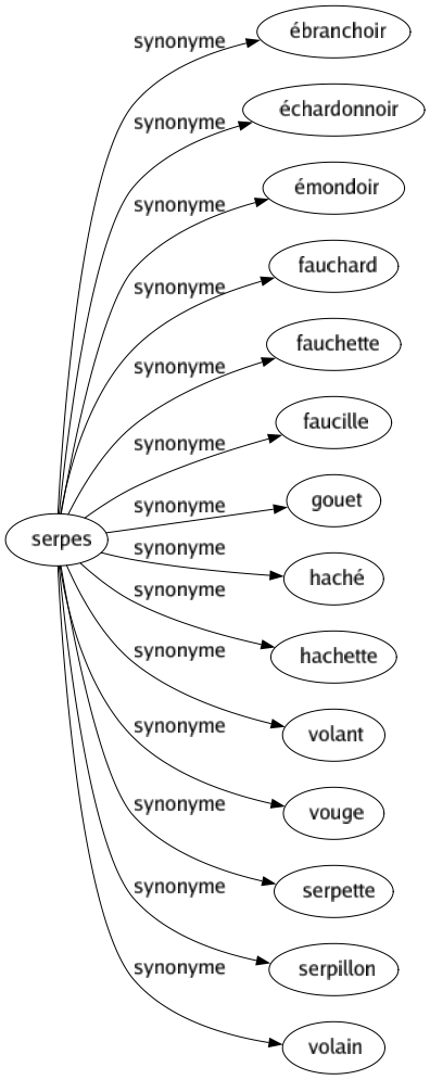 Synonyme de Serpes : Ébranchoir Échardonnoir Émondoir Fauchard Fauchette Faucille Gouet Haché Hachette Volant Vouge Serpette Serpillon Volain 