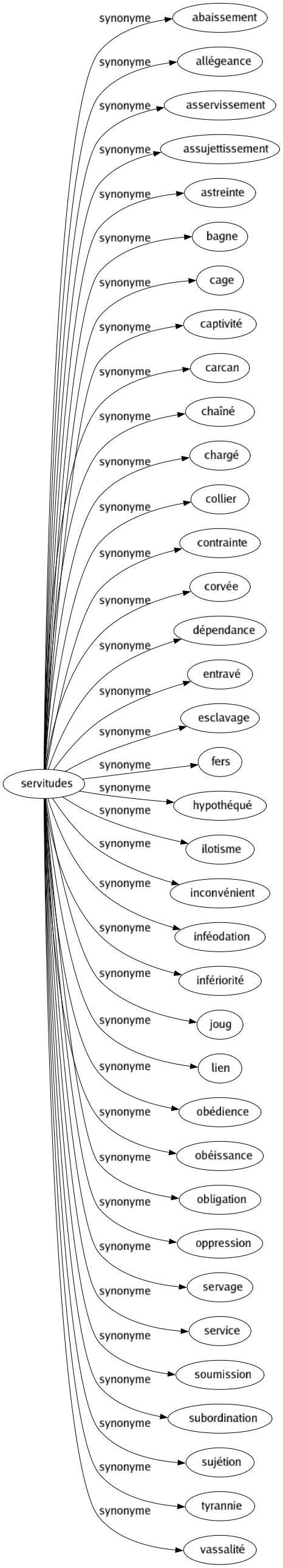 Synonyme de Servitudes : Abaissement Allégeance Asservissement Assujettissement Astreinte Bagne Cage Captivité Carcan Chaîné Chargé Collier Contrainte Corvée Dépendance Entravé Esclavage Fers Hypothéqué Ilotisme Inconvénient Inféodation Infériorité Joug Lien Obédience Obéissance Obligation Oppression Servage Service Soumission Subordination Sujétion Tyrannie Vassalité 