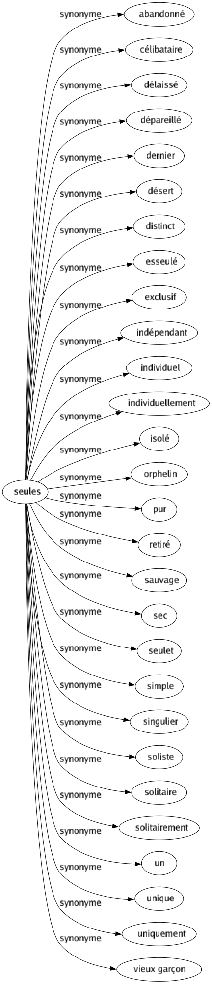 Synonyme de Seules : Abandonné Célibataire Délaissé Dépareillé Dernier Désert Distinct Esseulé Exclusif Indépendant Individuel Individuellement Isolé Orphelin Pur Retiré Sauvage Sec Seulet Simple Singulier Soliste Solitaire Solitairement Un Unique Uniquement Vieux garçon 