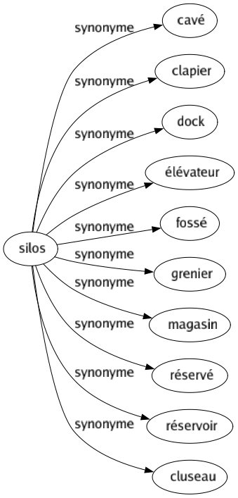 Synonyme de Silos : Cavé Clapier Dock Élévateur Fossé Grenier Magasin Réservé Réservoir Cluseau 