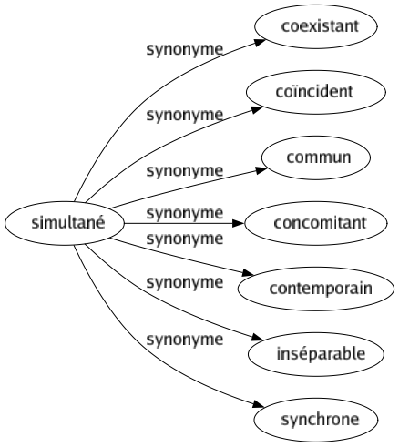 Synonyme de Simultané : Coexistant Coïncident Commun Concomitant Contemporain Inséparable Synchrone 