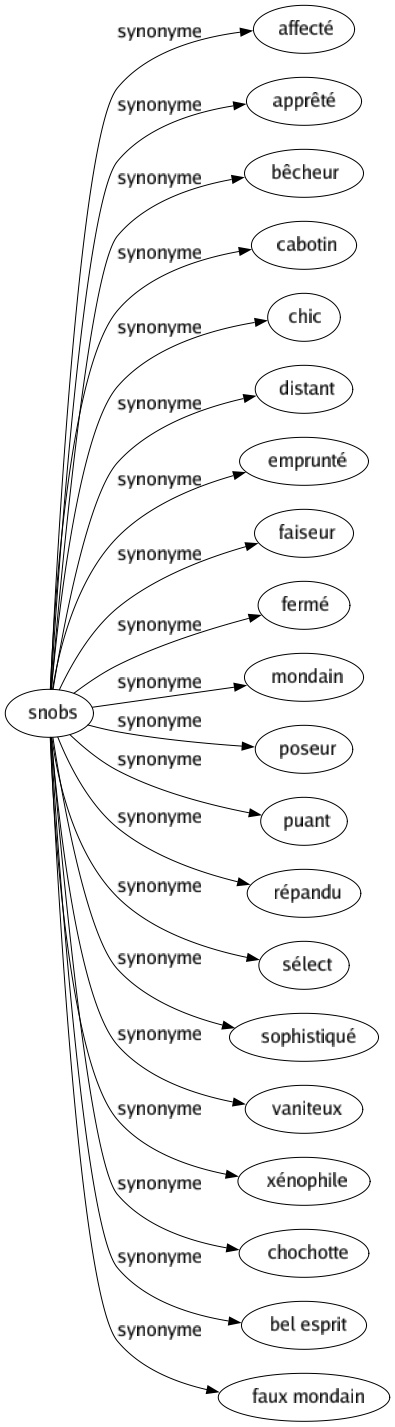 Synonyme de Snobs : Affecté Apprêté Bêcheur Cabotin Chic Distant Emprunté Faiseur Fermé Mondain Poseur Puant Répandu Sélect Sophistiqué Vaniteux Xénophile Chochotte Bel esprit Faux mondain 