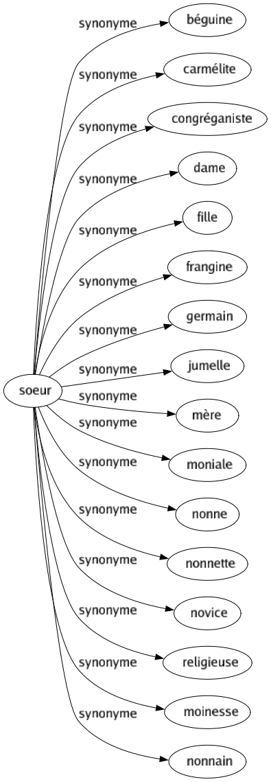 Synonyme de Soeur : Béguine Carmélite Congréganiste Dame Fille Frangine Germain Jumelle Mère Moniale Nonne Nonnette Novice Religieuse Moinesse Nonnain 