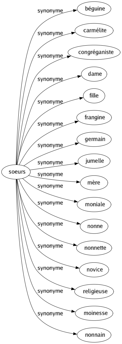 Synonyme de Soeurs : Béguine Carmélite Congréganiste Dame Fille Frangine Germain Jumelle Mère Moniale Nonne Nonnette Novice Religieuse Moinesse Nonnain 