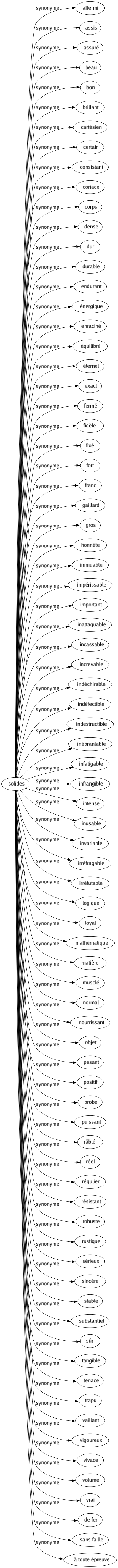 Synonyme de Solides : Affermi Assis Assuré Beau Bon Brillant Cartésien Certain Consistant Coriace Corps Dense Dur Durable Endurant Énergique Enraciné Équilibré Éternel Exact Fermé Fidèle Fixé Fort Franc Gaillard Gros Honnête Immuable Impérissable Important Inattaquable Incassable Increvable Indéchirable Indéfectible Indestructible Inébranlable Infatigable Infrangible Intense Inusable Invariable Irréfragable Irréfutable Logique Loyal Mathématique Matière Musclé Normal Nourrissant Objet Pesant Positif Probe Puissant Râblé Réel Régulier Résistant Robuste Rustique Sérieux Sincère Stable Substantiel Sûr Tangible Tenace Trapu Vaillant Vigoureux Vivace Volume Vrai De fer Sans faille À toute épreuve 