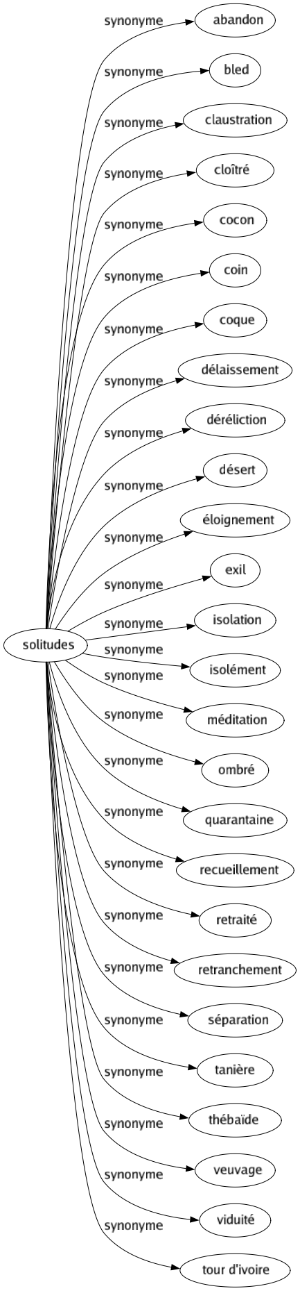 Synonyme de Solitudes : Abandon Bled Claustration Cloîtré Cocon Coin Coque Délaissement Déréliction Désert Éloignement Exil Isolation Isolément Méditation Ombré Quarantaine Recueillement Retraité Retranchement Séparation Tanière Thébaïde Veuvage Viduité Tour d'ivoire 