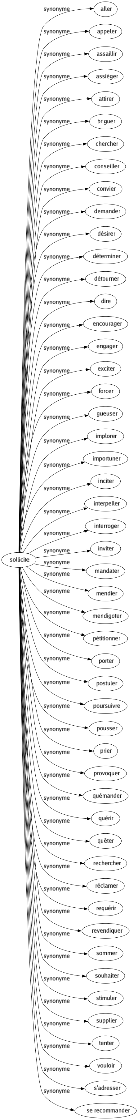 Synonyme de Sollicite : Aller Appeler Assaillir Assiéger Attirer Briguer Chercher Conseiller Convier Demander Désirer Déterminer Détourner Dire Encourager Engager Exciter Forcer Gueuser Implorer Importuner Inciter Interpeller Interroger Inviter Mandater Mendier Mendigoter Pétitionner Porter Postuler Poursuivre Pousser Prier Provoquer Quémander Quérir Quêter Rechercher Réclamer Requérir Revendiquer Sommer Souhaiter Stimuler Supplier Tenter Vouloir S'adresser Se recommander 