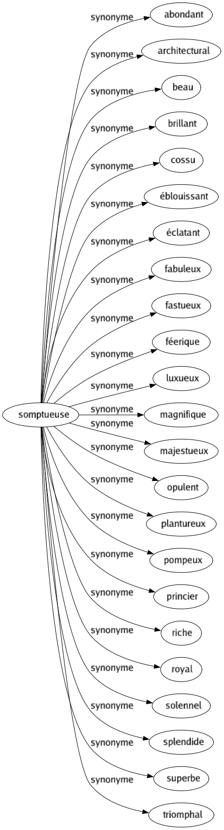 Synonyme de Somptueuse : Abondant Architectural Beau Brillant Cossu Éblouissant Éclatant Fabuleux Fastueux Féerique Luxueux Magnifique Majestueux Opulent Plantureux Pompeux Princier Riche Royal Solennel Splendide Superbe Triomphal 