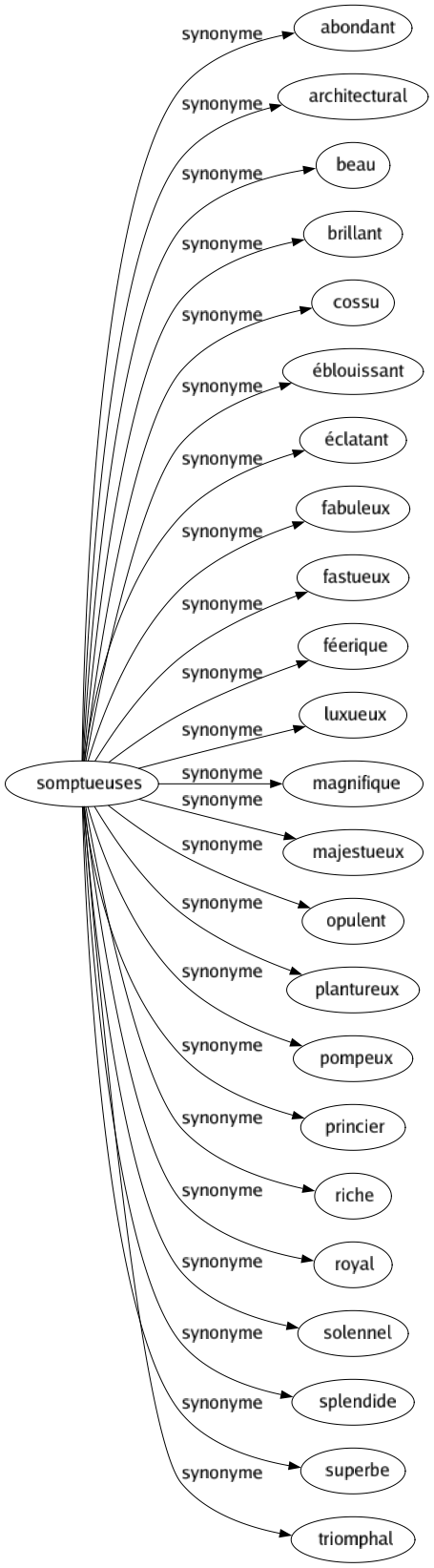 Synonyme de Somptueuses : Abondant Architectural Beau Brillant Cossu Éblouissant Éclatant Fabuleux Fastueux Féerique Luxueux Magnifique Majestueux Opulent Plantureux Pompeux Princier Riche Royal Solennel Splendide Superbe Triomphal 