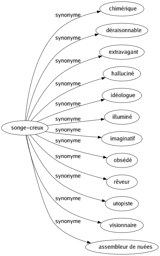 Synonyme de Songe-creux : Chimérique Déraisonnable Extravagant Halluciné Idéologue Illuminé Imaginatif Obsédé Rêveur Utopiste Visionnaire Assembleur de nuées 