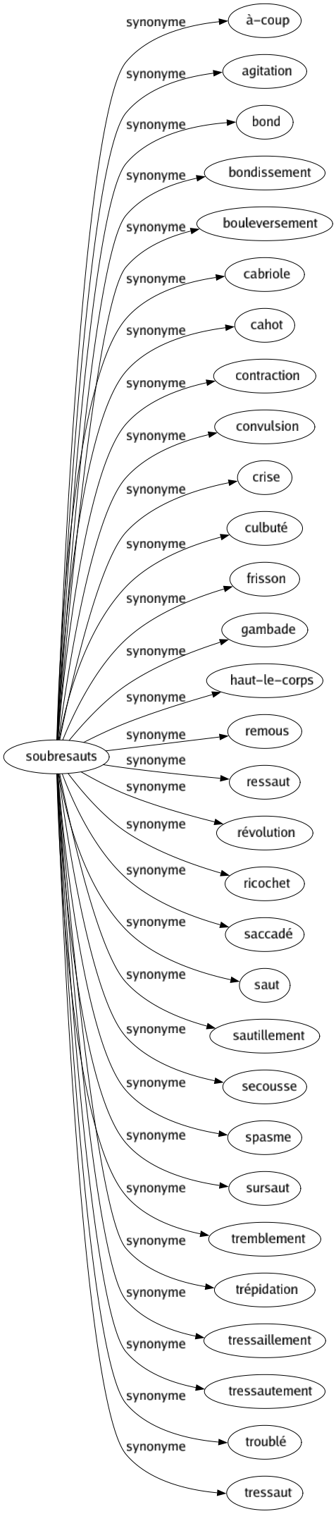 Synonyme de Soubresauts : À-coup Agitation Bond Bondissement Bouleversement Cabriole Cahot Contraction Convulsion Crise Culbuté Frisson Gambade Haut-le-corps Remous Ressaut Révolution Ricochet Saccadé Saut Sautillement Secousse Spasme Sursaut Tremblement Trépidation Tressaillement Tressautement Troublé Tressaut 