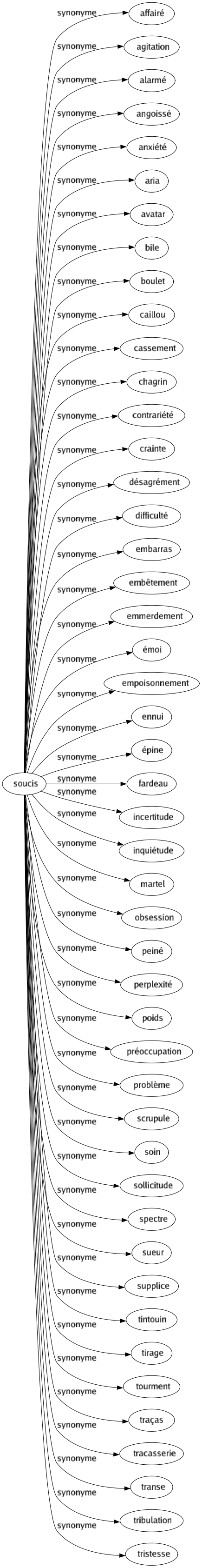 Synonyme de Soucis : Affairé Agitation Alarmé Angoissé Anxiété Aria Avatar Bile Boulet Caillou Cassement Chagrin Contrariété Crainte Désagrément Difficulté Embarras Embêtement Emmerdement Émoi Empoisonnement Ennui Épine Fardeau Incertitude Inquiétude Martel Obsession Peiné Perplexité Poids Préoccupation Problème Scrupule Soin Sollicitude Spectre Sueur Supplice Tintouin Tirage Tourment Traças Tracasserie Transe Tribulation Tristesse 