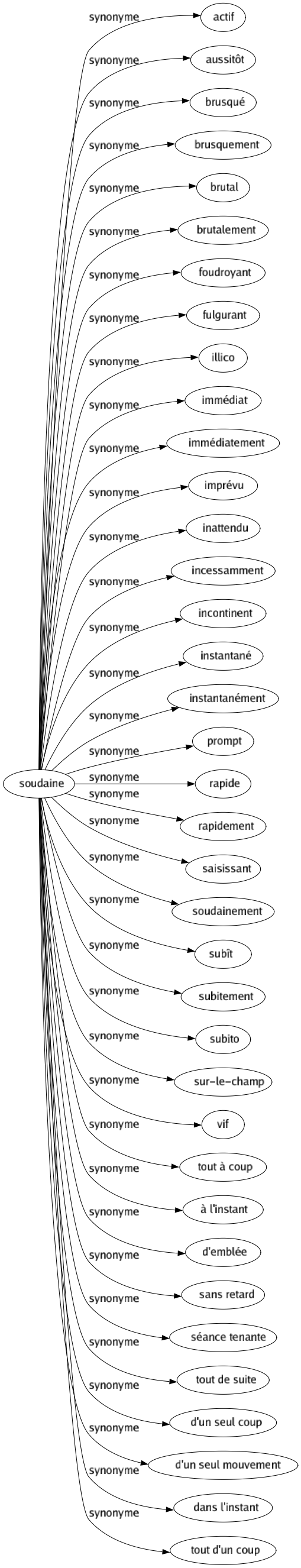 Synonyme de Soudaine : Actif Aussitôt Brusqué Brusquement Brutal Brutalement Foudroyant Fulgurant Illico Immédiat Immédiatement Imprévu Inattendu Incessamment Incontinent Instantané Instantanément Prompt Rapide Rapidement Saisissant Soudainement Subît Subitement Subito Sur-le-champ Vif Tout à coup À l'instant D'emblée Sans retard Séance tenante Tout de suite D'un seul coup D'un seul mouvement Dans l'instant Tout d'un coup 