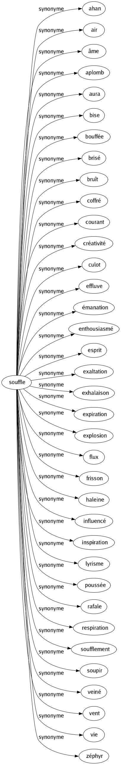 Synonyme de Souffle : Ahan Air Âme Aplomb Aura Bise Bouffée Brisé Bruît Coffré Courant Créativité Culot Effluve Émanation Enthousiasmé Esprit Exaltation Exhalaison Expiration Explosion Flux Frisson Haleine Influencé Inspiration Lyrisme Poussée Rafale Respiration Soufflement Soupir Veiné Vent Vie Zéphyr 