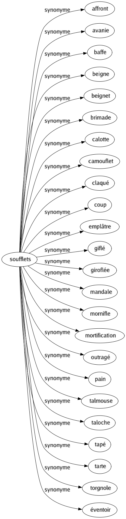 Synonyme de Soufflets : Affront Avanie Baffe Beigne Beignet Brimade Calotte Camouflet Claqué Coup Emplâtre Giflé Giroflée Mandale Mornifle Mortification Outragé Pain Talmouse Taloche Tapé Tarte Torgnole Éventoir 