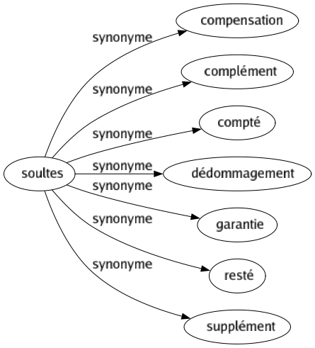 Synonyme de Soultes : Compensation Complément Compté Dédommagement Garantie Resté Supplément 