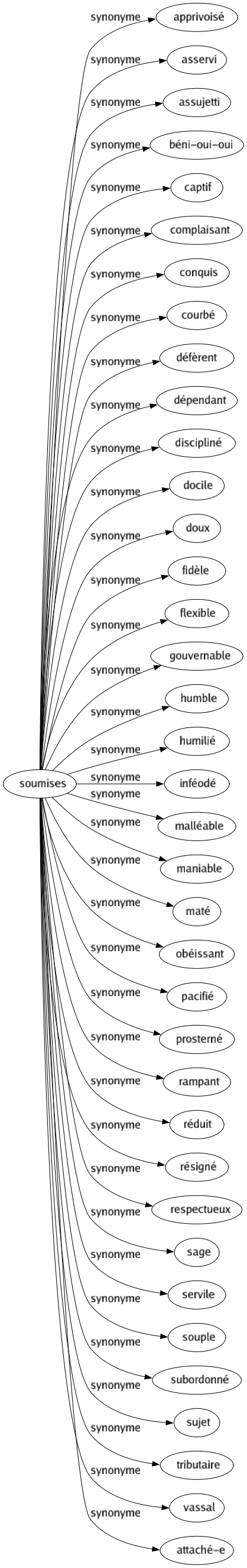 Synonyme de Soumises : Apprivoisé Asservi Assujetti Béni-oui-oui Captif Complaisant Conquis Courbé Défèrent Dépendant Discipliné Docile Doux Fidèle Flexible Gouvernable Humble Humilié Inféodé Malléable Maniable Maté Obéissant Pacifié Prosterné Rampant Réduit Résigné Respectueux Sage Servile Souple Subordonné Sujet Tributaire Vassal Attaché-e 