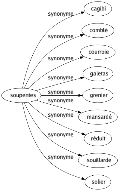 Synonyme de Soupentes : Cagibi Comblé Courroie Galetas Grenier Mansardé Réduit Souillarde Solier 