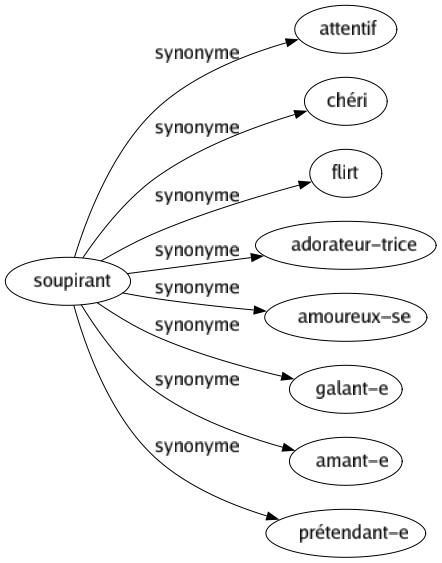 Synonyme de Soupirant : Attentif Chéri Flirt Adorateur-trice Amoureux-se Galant-e Amant-e Prétendant-e 