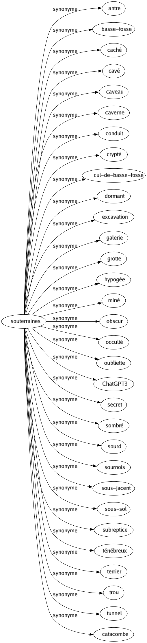 Synonyme de Souterraines : Antre Basse-fosse Caché Cavé Caveau Caverne Conduit Crypté Cul-de-basse-fosse Dormant Excavation Galerie Grotte Hypogée Miné Obscur Occulté Oubliette Chatgpt3 Secret Sombré Sourd Sournois Sous-jacent Sous-sol Subreptice Ténébreux Terrier Trou Tunnel Catacombe 