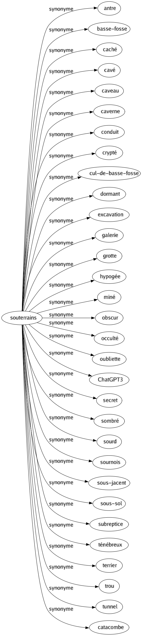 Synonyme de Souterrains : Antre Basse-fosse Caché Cavé Caveau Caverne Conduit Crypté Cul-de-basse-fosse Dormant Excavation Galerie Grotte Hypogée Miné Obscur Occulté Oubliette Chatgpt3 Secret Sombré Sourd Sournois Sous-jacent Sous-sol Subreptice Ténébreux Terrier Trou Tunnel Catacombe 