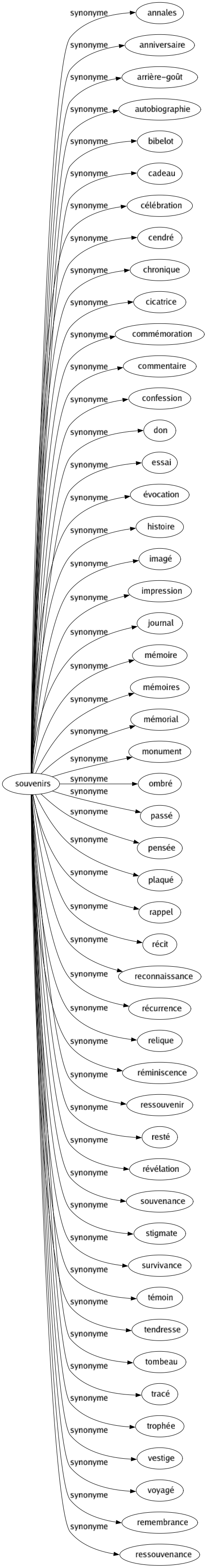 Synonyme de Souvenirs : Annales Anniversaire Arrière-goût Autobiographie Bibelot Cadeau Célébration Cendré Chronique Cicatrice Commémoration Commentaire Confession Don Essai Évocation Histoire Imagé Impression Journal Mémoire Mémoires Mémorial Monument Ombré Passé Pensée Plaqué Rappel Récit Reconnaissance Récurrence Relique Réminiscence Ressouvenir Resté Révélation Souvenance Stigmate Survivance Témoin Tendresse Tombeau Tracé Trophée Vestige Voyagé Remembrance Ressouvenance 