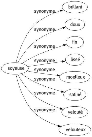 Synonyme de Soyeuse : Brillant Doux Fin Lissé Moelleux Satiné Velouté Velouteux 