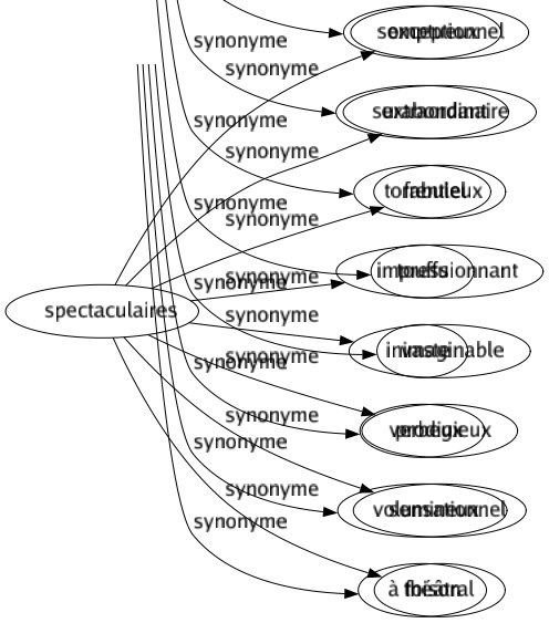 Synonyme de Spectaculaires : Exceptionnel Extraordinaire Fabuleux Impressionnant Inimaginable Prodigieux Sensationnel Théâtral 