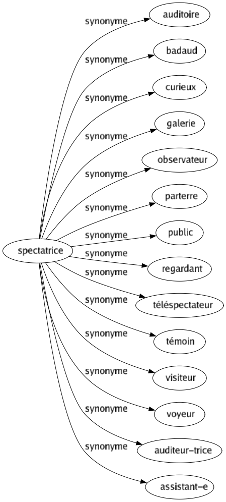 Synonyme de Spectatrice : Auditoire Badaud Curieux Galerie Observateur Parterre Public Regardant Téléspectateur Témoin Visiteur Voyeur Auditeur-trice Assistant-e 