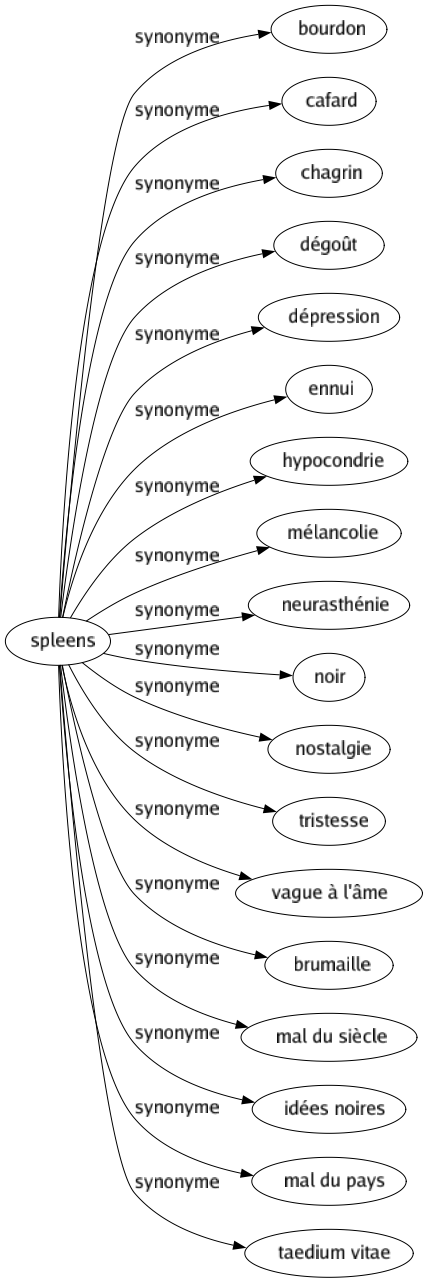 Synonyme de Spleens : Bourdon Cafard Chagrin Dégoût Dépression Ennui Hypocondrie Mélancolie Neurasthénie Noir Nostalgie Tristesse Vague à l'âme Brumaille Mal du siècle Idées noires Mal du pays Taedium vitae 